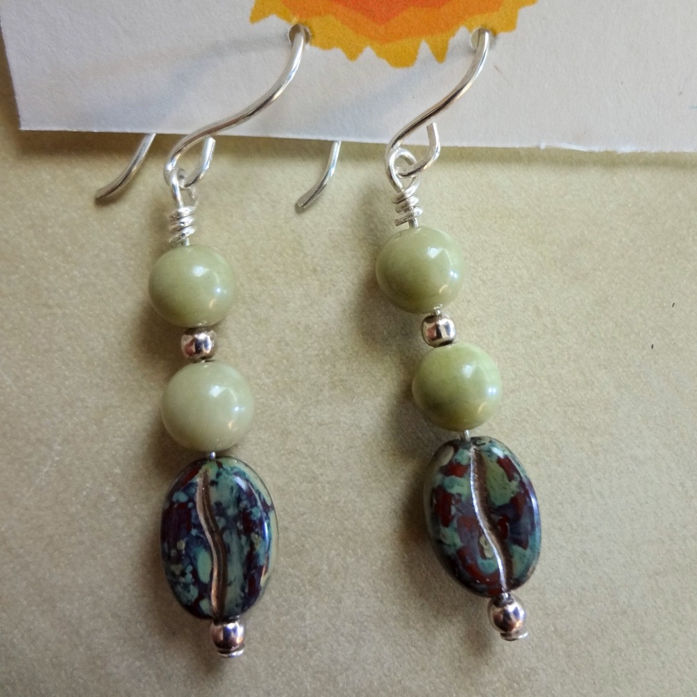 Coffee Bean Beads with Jade & Sterling Silver Earrings